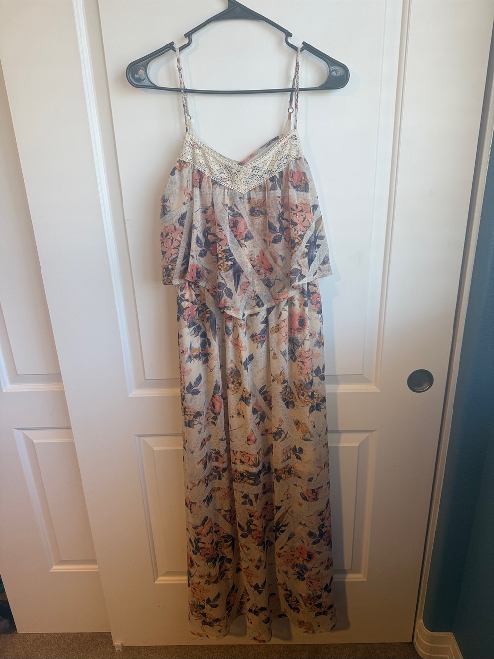 Xhilaration Cream Floral Maxi Dress with Pink & Blue Accents